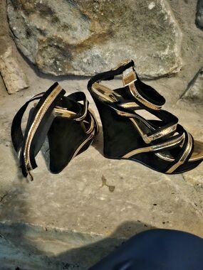 Black Wedge Sandals with Gold Straps - Women's Fashion Wedges
